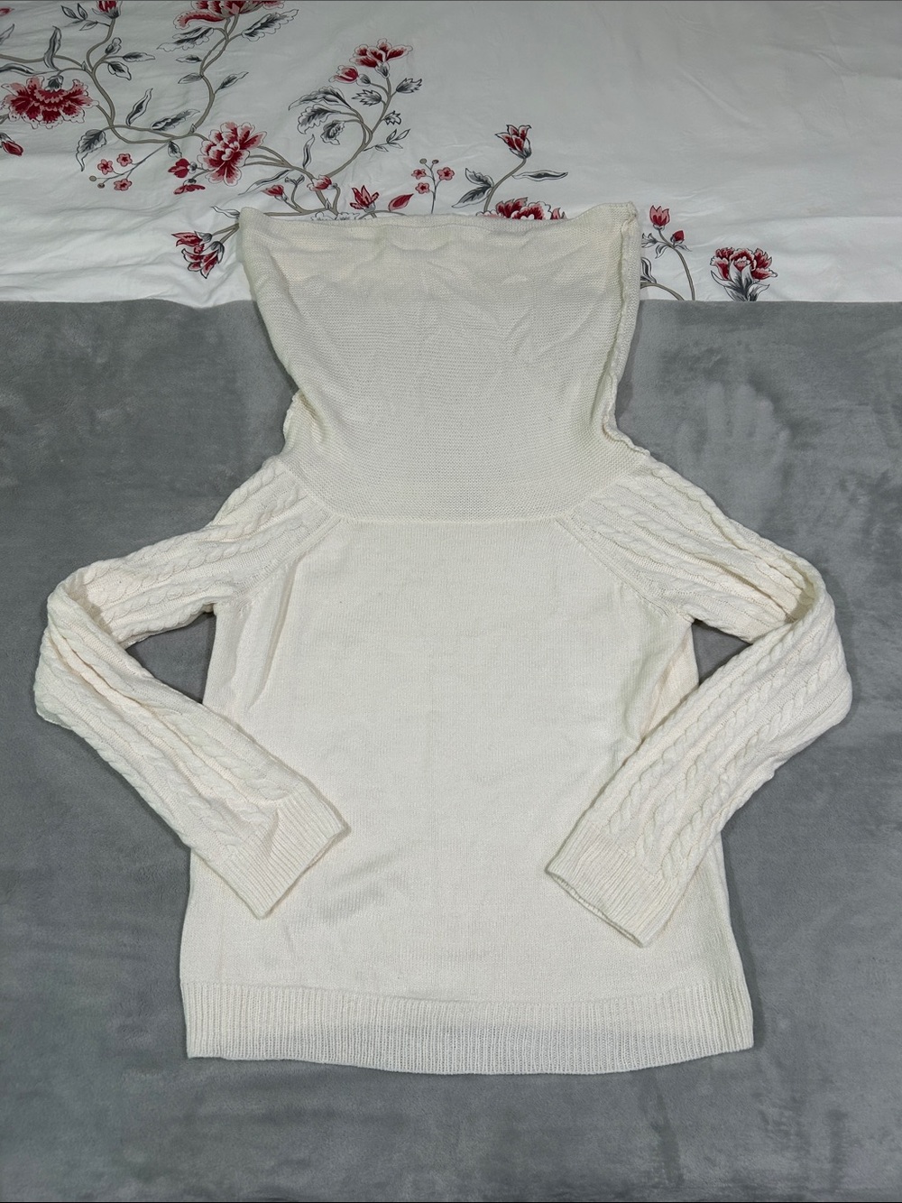 New York & Company Cream Cable-Knit Hooded Pullover Sweater